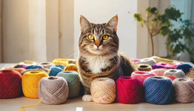 猫と毛糸玉　編み物　ハンドメイド　イメージ　フレーム　背景　素材　AI生成画像