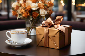 A small disposable gift box with a ribbon and bow placed on a coffee table