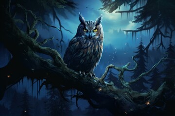 Owl forest bird night. Prey raptor. Generate Ai