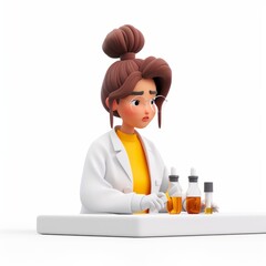 Female clay animation character wearing a scientist's lab coat conducting experiments in a laboratory, on an isolated white background, Generative AI