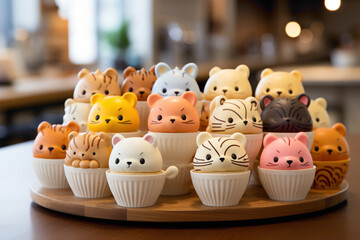An endearing disposable cupcake stand with adorable animal characters on a dessert buffet - obrazy, fototapety, plakaty