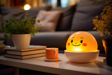 A cute disposable candle holder with a smiling face, adorning a cozy corner