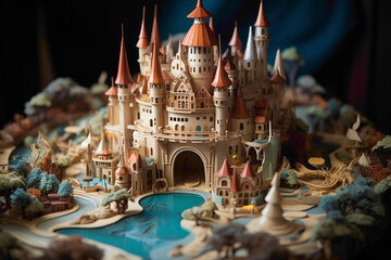 Delightful 3D-printed fairy-tale castle toy surrounded by magical elements, transporting children to a world of enchantment - obrazy, fototapety, plakaty