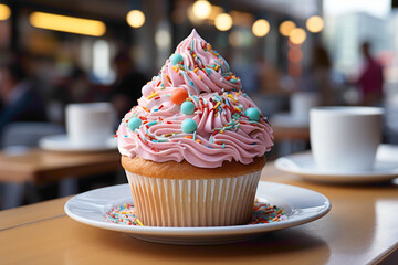 A charming miniature disposable cupcake with colorful frosting on a table - obrazy, fototapety, plakaty