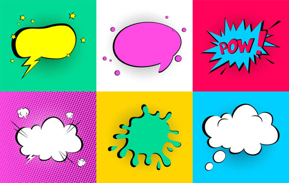 Speech Bubbles.Pop Art.Comic Style.Explosion.Flash.Lightning.Cloud for Hand Drawn Text.Doodle.Bright Fashionable Colors.Vector Set of Cartoon Frames Six Pieces.Print for Textile,Advertising.