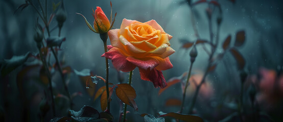 Roses in the garden on a foggy day.  - obrazy, fototapety, plakaty