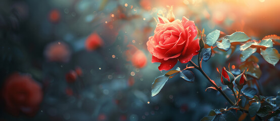 Red rose on the background of the summer garden.  - obrazy, fototapety, plakaty