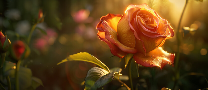 Orange rose in the garden at sunset. 
