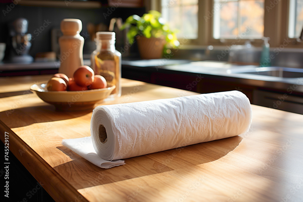 Wall mural a crumpled and empty paper towel roll on a kitchen island