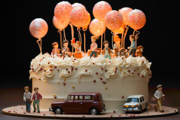 An adorable disposable cake topper with miniature figurines on a birthday cake