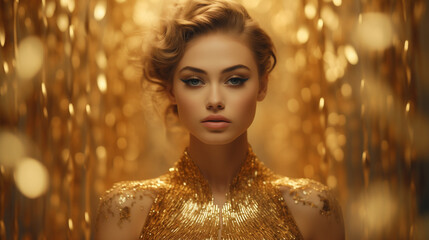 young model in golden dress with golden background