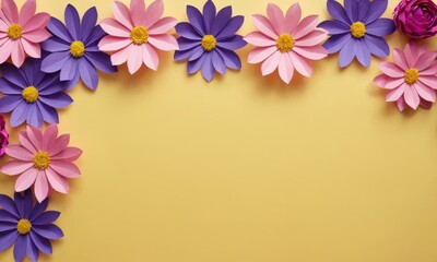 Background of pink and purple paper flowers on yellow background