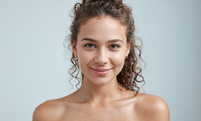 Obraz premium Studio shot of a beautiful young happy woman with perfect skin, curly hair and white teeth over gray background