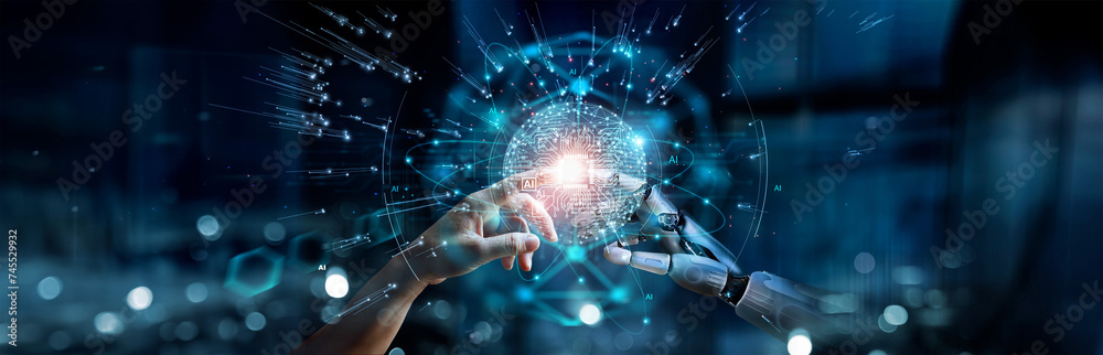 Aufkleber AI, Machine learning, Hands of robot and human touching on big data network connection background, Science and artificial intelligence technology, innovation and futuristic.