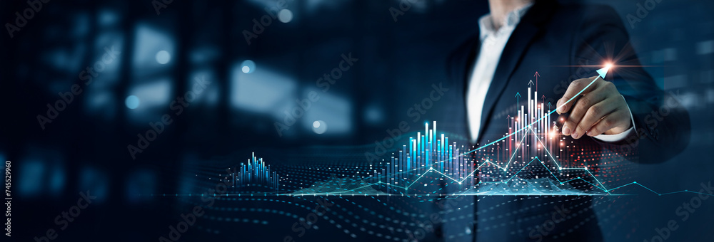 Poster Businessman draw growth graph and progress of business and analyzing financial and investment data ,business planning and strategy on blue background.