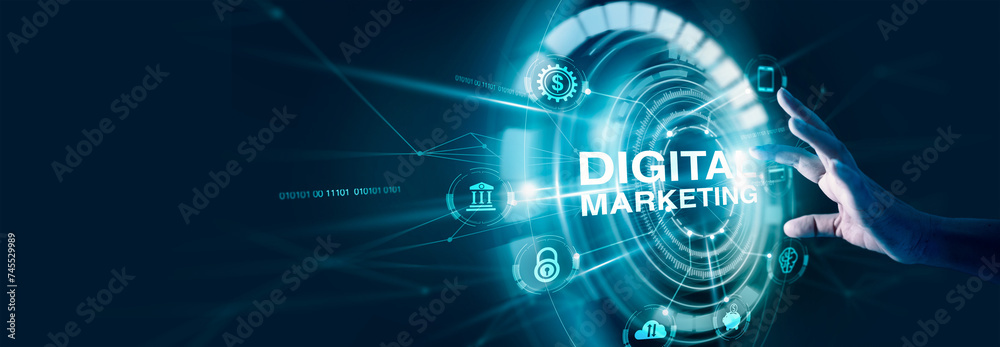 Aufkleber Digital online marketing commerce sale concept. Hand touching hologram with icon of customer and search Engine Optimisation of network connection on virtual.  Marketing of internet SEO SEM SMM.