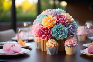 A delightful paper cupcake stand with a rainbow theme on a birthday party table - obrazy, fototapety, plakaty