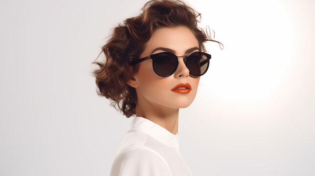model wearing sunglasses with red lipstick and isolated background