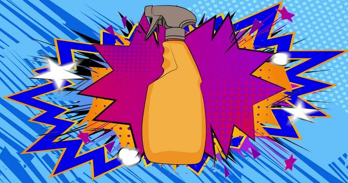 Cartoon Cleaning Product, comic book Spray Bottle. Retro vector comics pop art design.