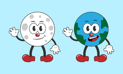 Moon and Earth flat cartoon drawing character waving their hand