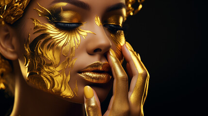 portrait of a woman with golden makeup and black background