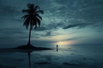Single palm tree on uninhabited island. Paradise azure beach with exotic coconut tree. Generate ai