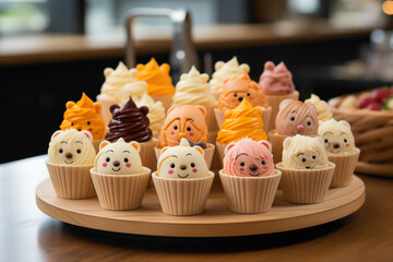 A lovable disposable cupcake stand with animal characters on a dessert buffet - obrazy, fototapety, plakaty