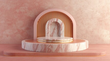 3D illustration of beauty fashion luxury podium backdrop for product display. minimalist gold, marble and pink background.
