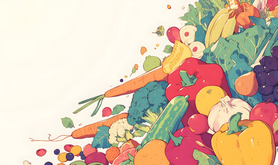 Obraz na płótnie Canvas Illustration of vegetables and fruits with empty space for text, Generative AI 