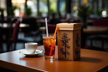 A recyclable cardboard beverage carton with a straw on a cafe table - obrazy, fototapety, plakaty