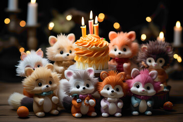 A miniature disposable birthday cake topper with adorable animal characters on a celebration table - obrazy, fototapety, plakaty