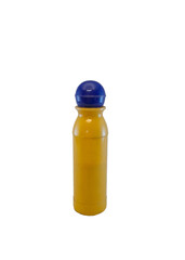 yellow plastic bottle with blue on the lid, isolated on white background.