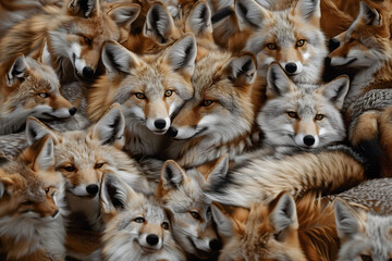 A skulk of foxes - a powerful group of foxes with two foxes looking at the camera 