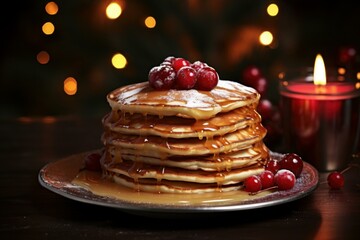 Pancakes candles christmas. Table food. Generate Ai