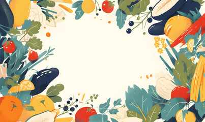 Fototapeta na wymiar Illustration of vegetables and fruits with empty space for text, Generative AI 