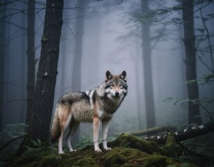 Obraz premium A wolf in the light night forest with mystery fog