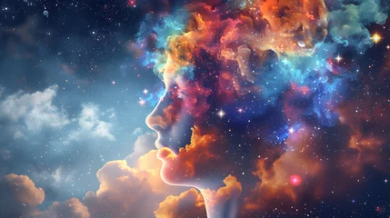 Zelfklevend Fotobehang 女性が宇宙と繋がり想像している様子 © dadakko