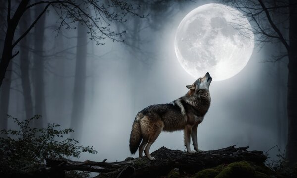 A wolf howling to the full moon in the light night forest with mystery fog