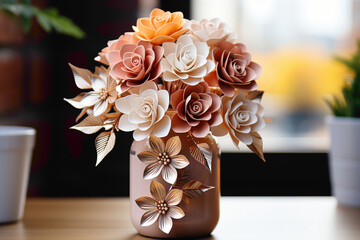 A small and charming disposable vase with a bouquet of paper flowers on a dining table - obrazy, fototapety, plakaty