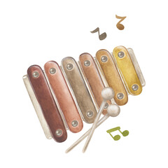 Xylophone Watercolor illustration. Drawing of Baby Toy Piano. Hand drawn clip art on white isolated background. Painting of musical instrument and notes. Educational children games