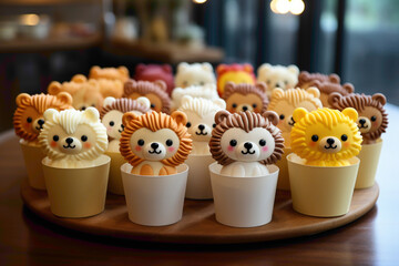 A delightful disposable cupcake topper with adorable animal characters on a dessert buffet - obrazy, fototapety, plakaty