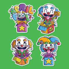 Cute cartoon April fool day with clown box surprise vector illustration set. Hand drawn vector illustration