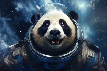 Fotobehang Adorable Cute panda astronaut in cosmonautic equipment. Adorable panda bear in galactic spaceship. Generate ai © juliars