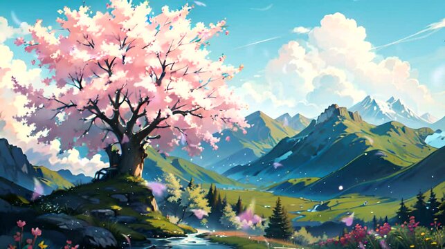 Landscape with blossoms on mountains background. Seamless looping time-lapse 4k video animation background