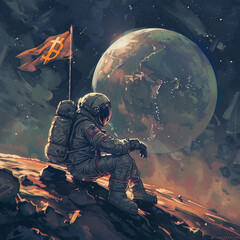A lone astronaut exploring the surface of a new planet, planting a flag that bears the Bitcoin logo
