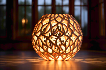 A modern 3D-printed lamp with intricate geometric patterns, casting a warm and inviting glow on a contemporary side table - obrazy, fototapety, plakaty