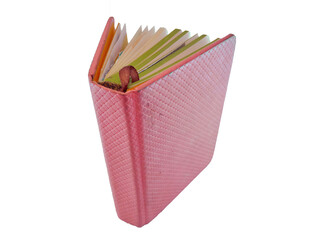 A pink leather-bound journal or book or folder is used for notes with a bordered ribbon in the...