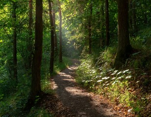 Obraz premium Describe a winding forest path disappearing into the depths. Sunbeams pierce through gaps in