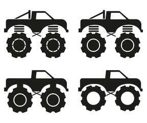 Set of monster pickup truck, heavy vehicle side view silhouette © George