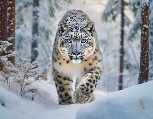 Explore the elusive beauty of a snow leopard prowling silently through a snow-covered forest